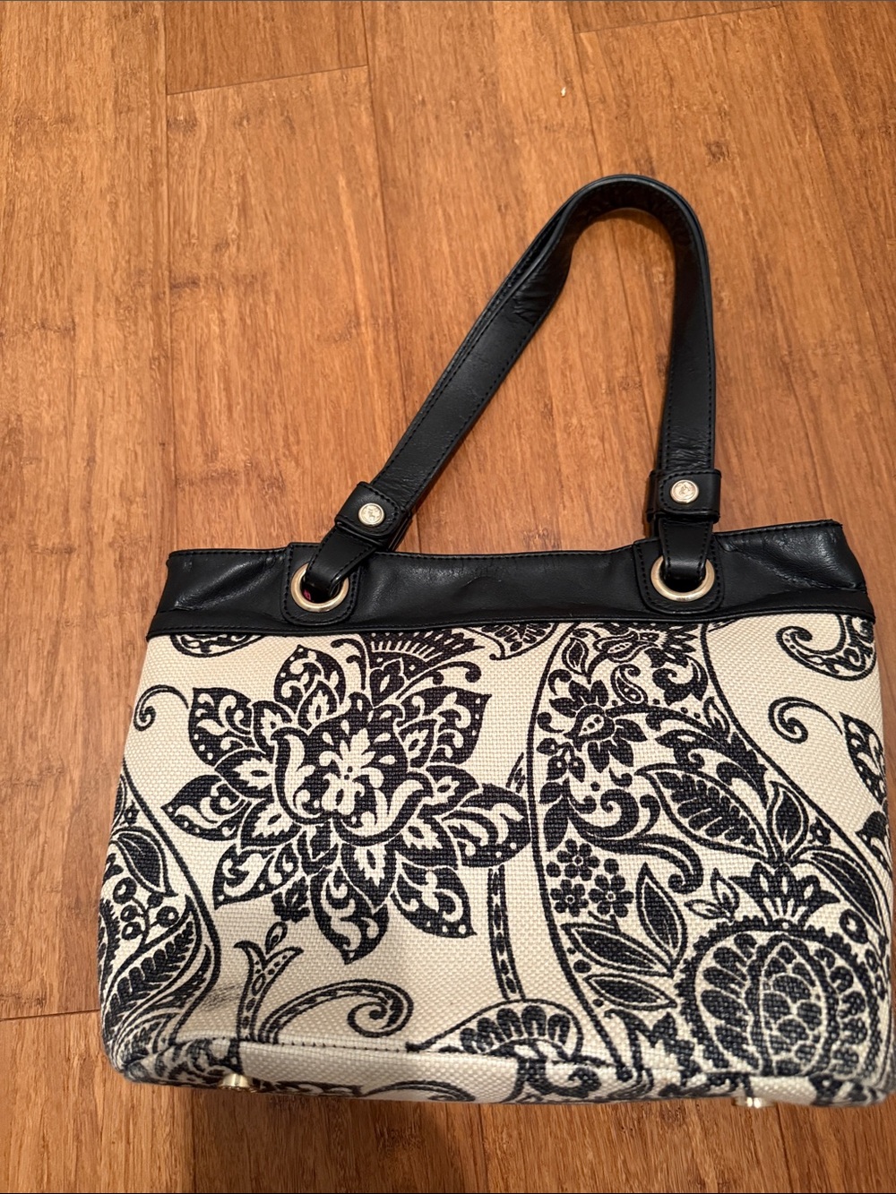 Spartina 449 Black & Cream Floral Canvas Tote with Pink Tassel - Picture 3 of 15